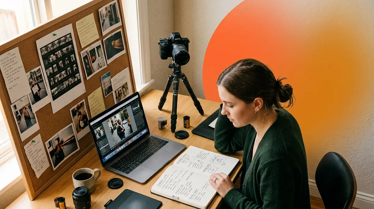 Photographer planning creative photography resolutions with contact sheets, camera, and project notebook