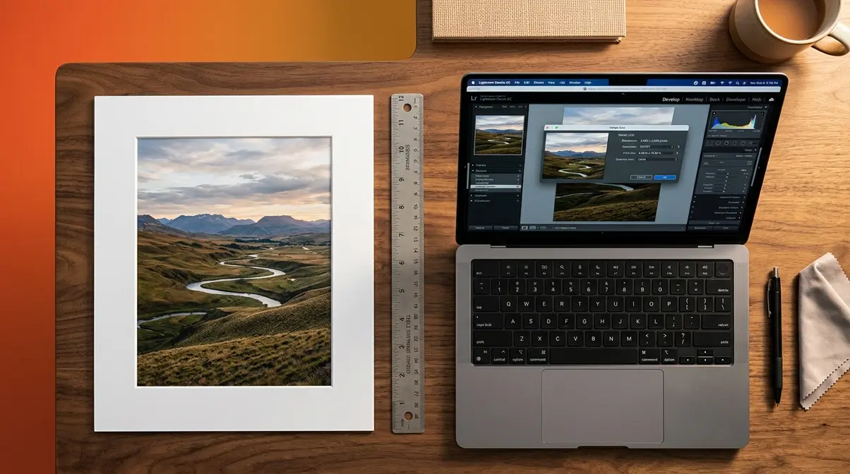 Printed photograph next to laptop showing Lightroom image resolution settings at 300 PPI