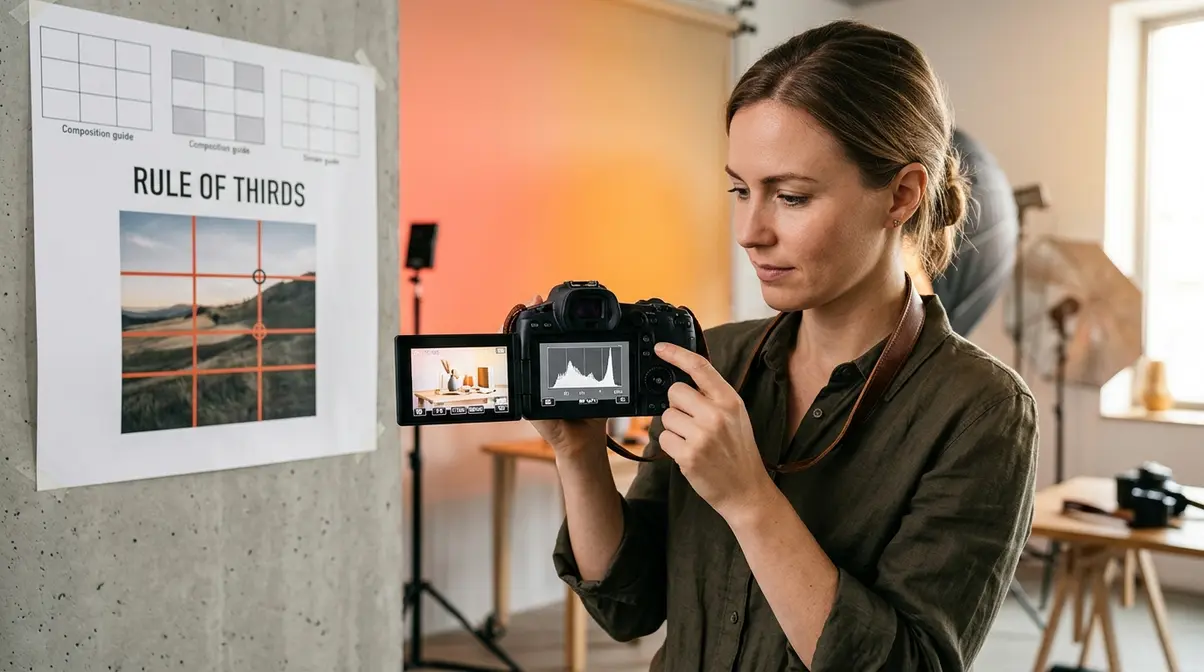 Photographer reviewing histogram and composition guides for technical skill building