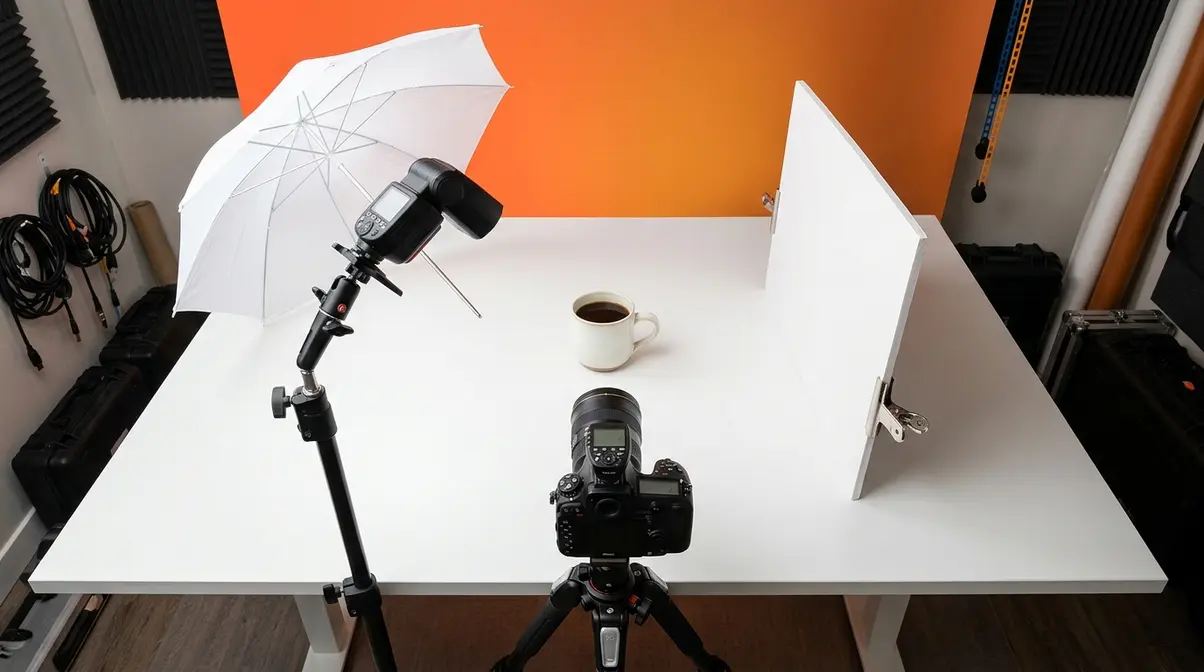 Product photography setup with speedlight flash, umbrella modifier, and ceramic mug subject
