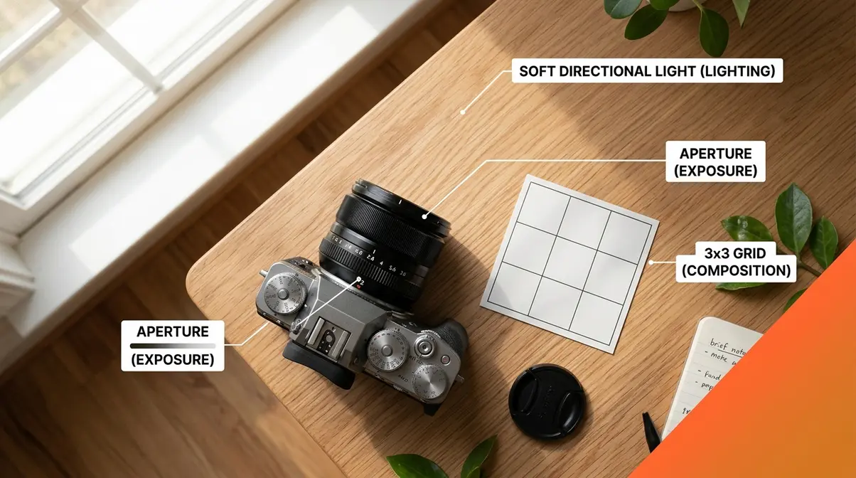 Beginner photography fundamentals flat-lay showing camera, window light, and composition grid card on wooden surface