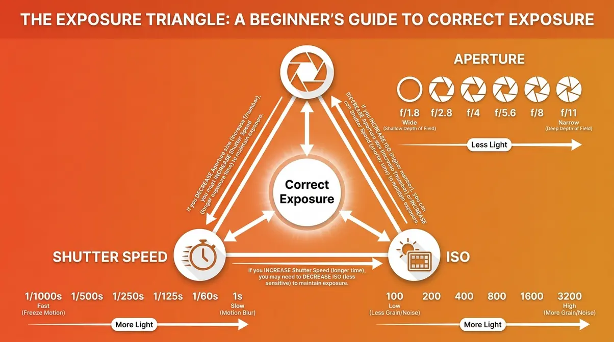 Exposure triangle infographic showing aperture, shutter speed, and ISO relationships for beginner photography styles