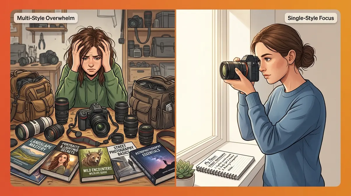 Split image comparing overwhelmed multi-style beginner photographer versus focused single-style beginner photographer