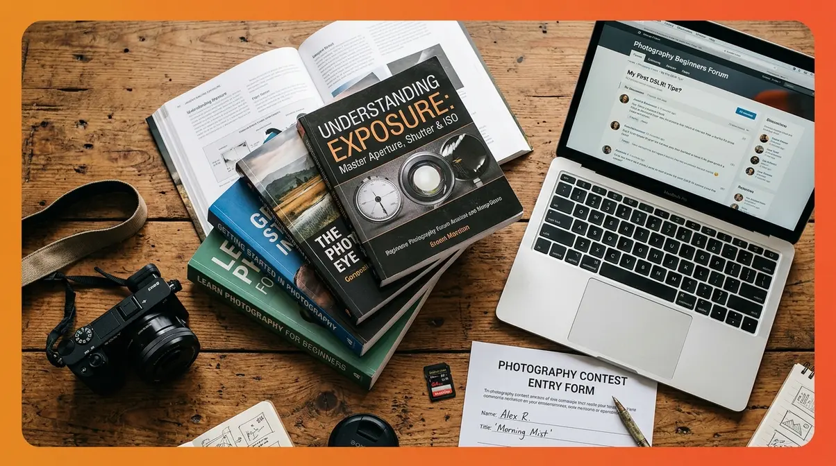 Beginner photography resources flat-lay showing books, laptop community forum, and camera for accelerating photography growth