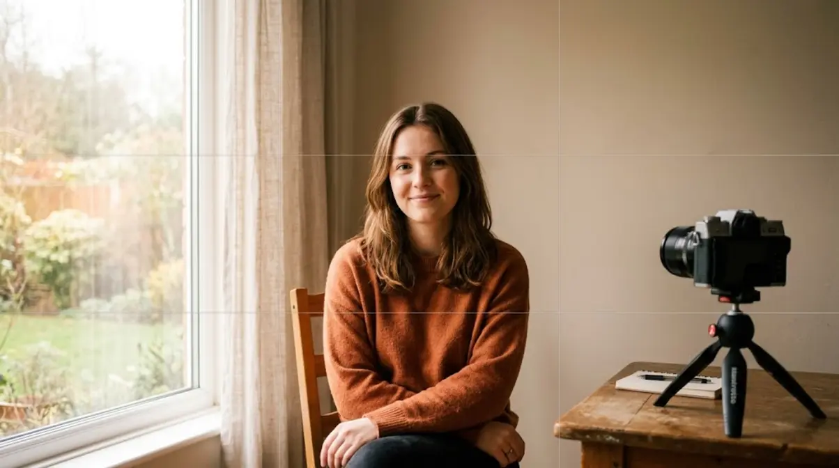 Beginner portrait photography setup showing subject near window light with rule of thirds grid overlay visible