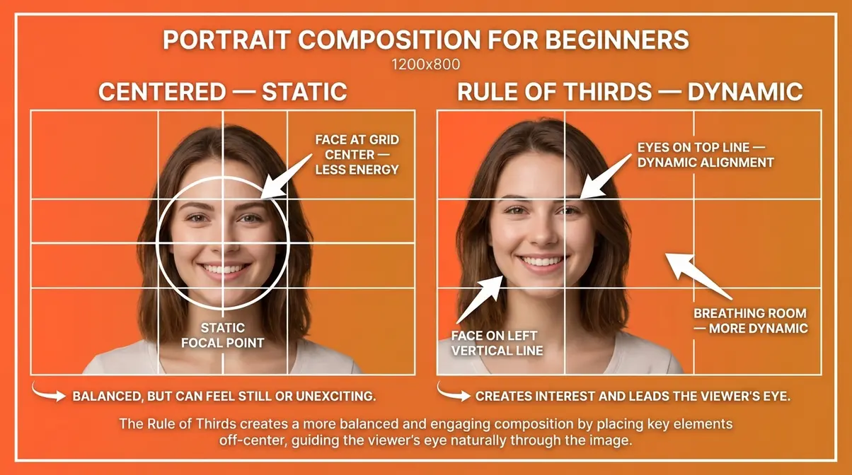 Side-by-side portrait diagram comparing centered composition versus rule of thirds placement for beginner photography