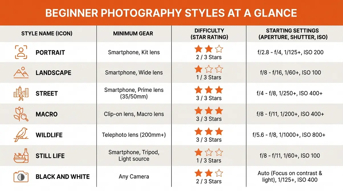 Comparison chart of 7 photography styles for beginners showing gear requirements, difficulty, and starting camera settings