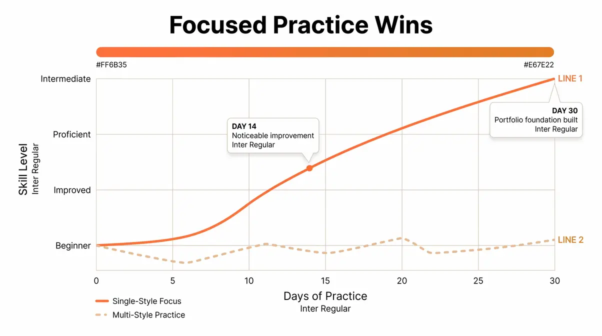 Chart comparing beginner photographer skill progression with single-style focus versus multi-style practice over 30 days