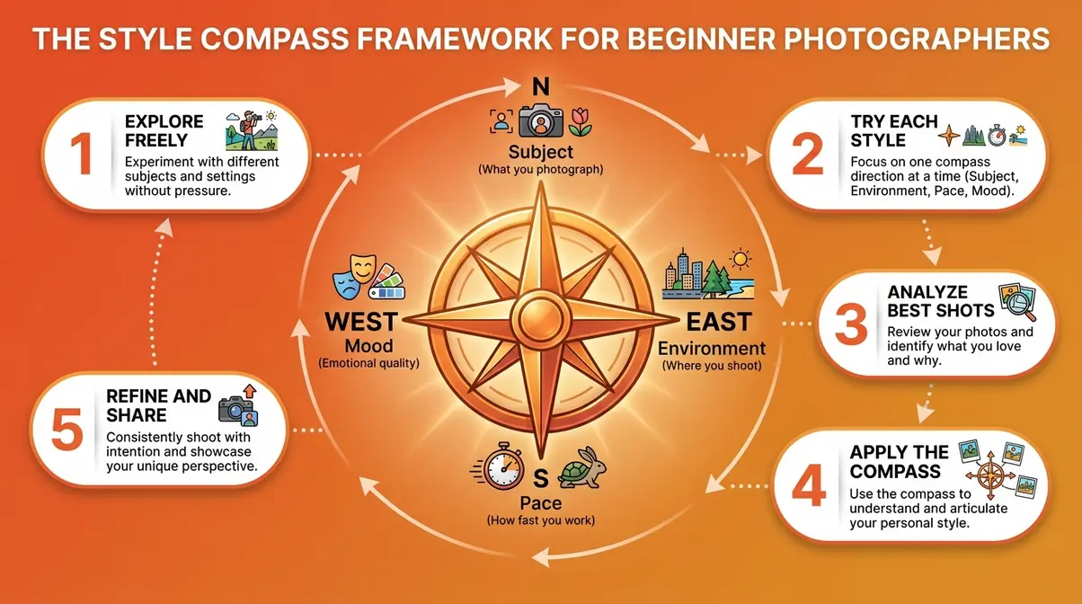 Style Compass Framework infographic showing 5 steps to find your photography style as a beginner photographer