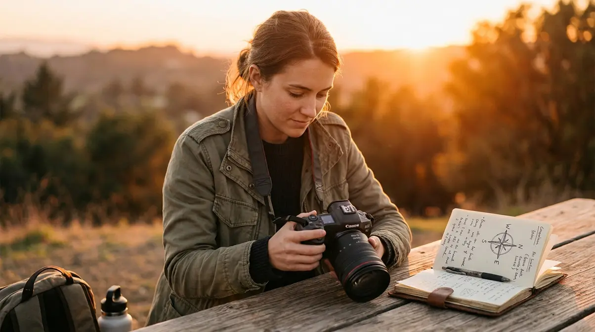 Photographer reviewing images at golden hour with notebook showing Style Compass Framework notes for finding photography niche