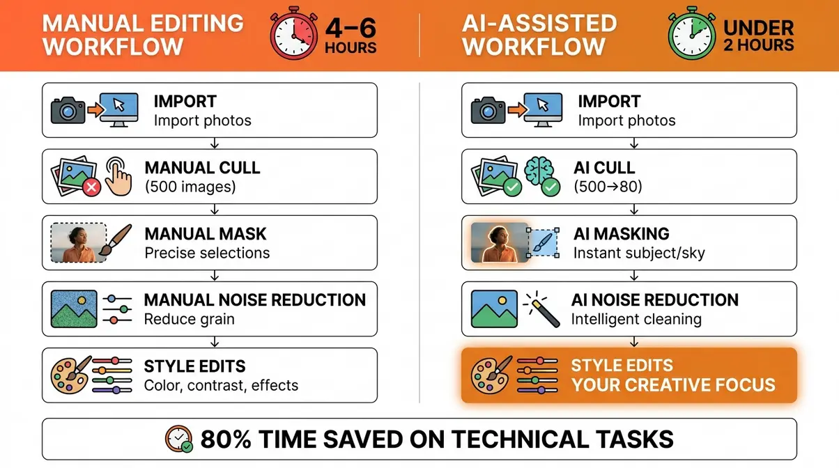 AI-assisted versus manual photo editing workflow comparison chart for photography trends