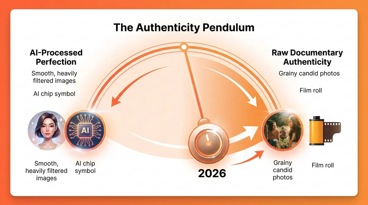 Photography trends 2026 authenticity pendulum diagram showing swing from AI-processed to raw documentary styles