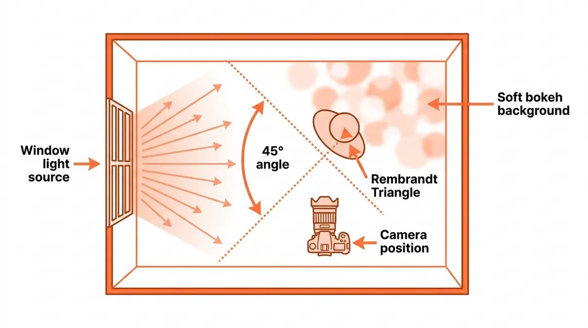Cinematic photography lighting setup diagram for beginners showing window light at 45 degrees