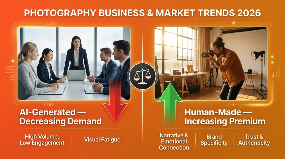 Photography business trends showing decreasing demand for generic AI images versus rising premium for human-made authentic photography