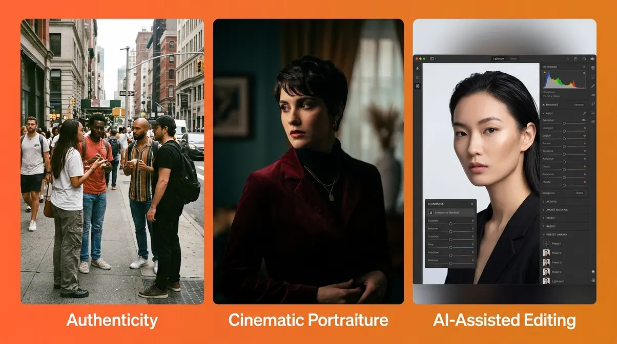 Photography trends overview showing raw authenticity, cinematic storytelling, and AI-assisted editing styles