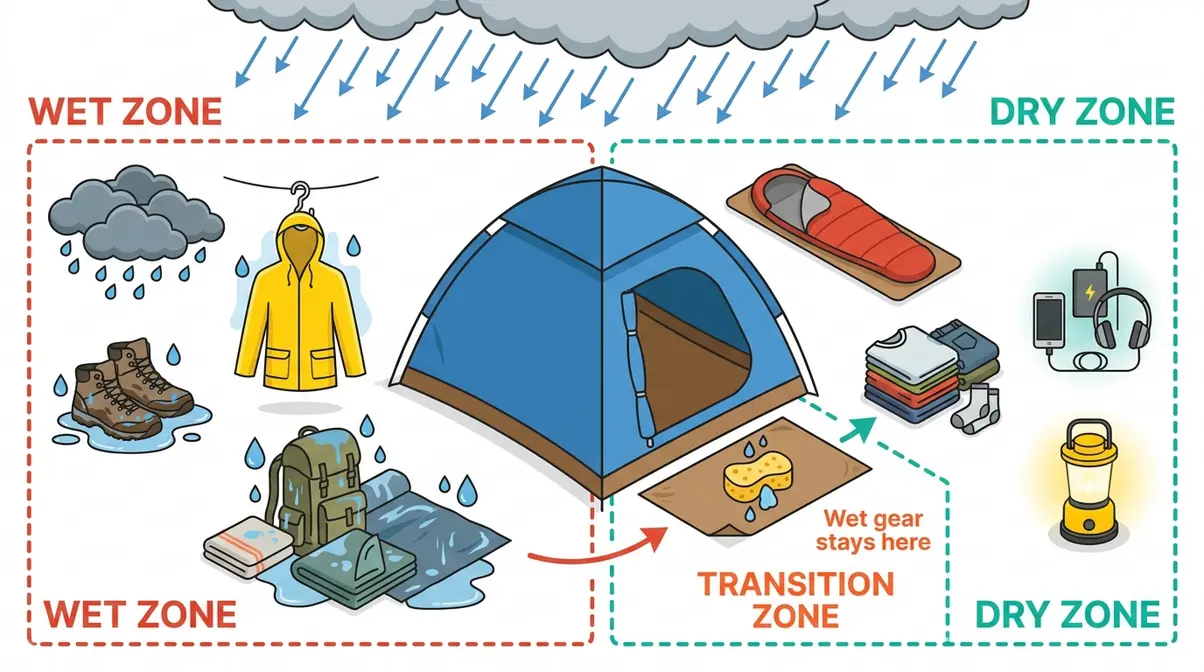 Campsite layout infographic showing wet zone, dry zone, and transition area at tent door for rain camping