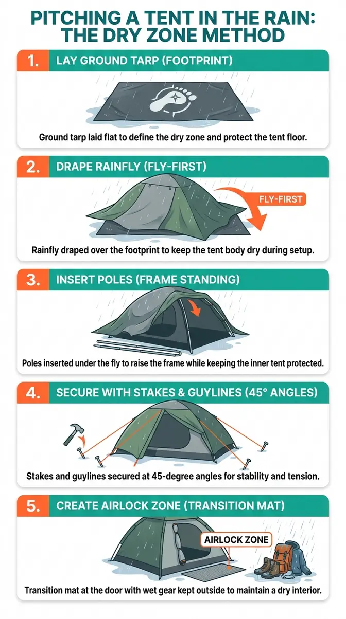Five-step Dry Zone Method infographic showing how to pitch a tent in the rain fly-first