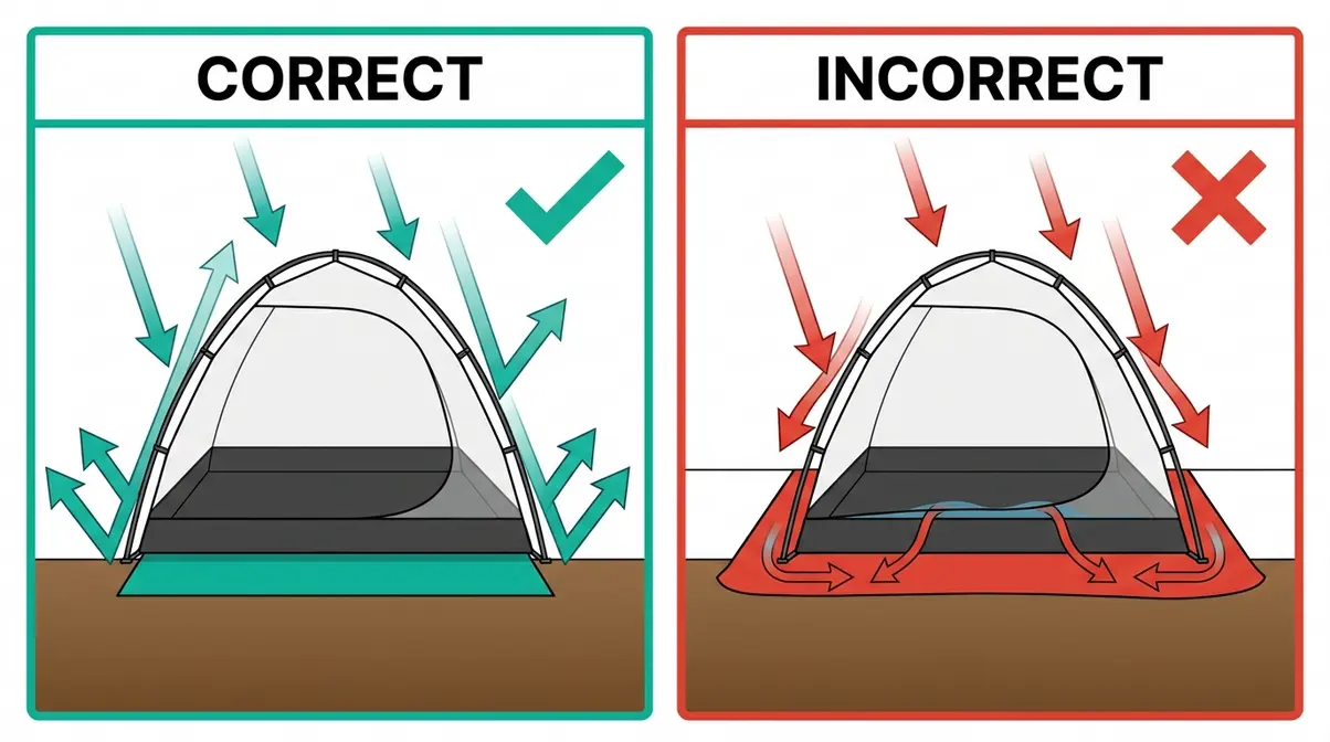 Diagram comparing correct tent footprint sizing versus oversized tarp that channels water underneath