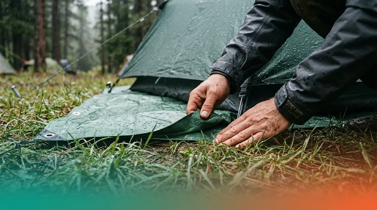 Camper folding tent footprint edges inward on wet grass to prevent water pooling underneath