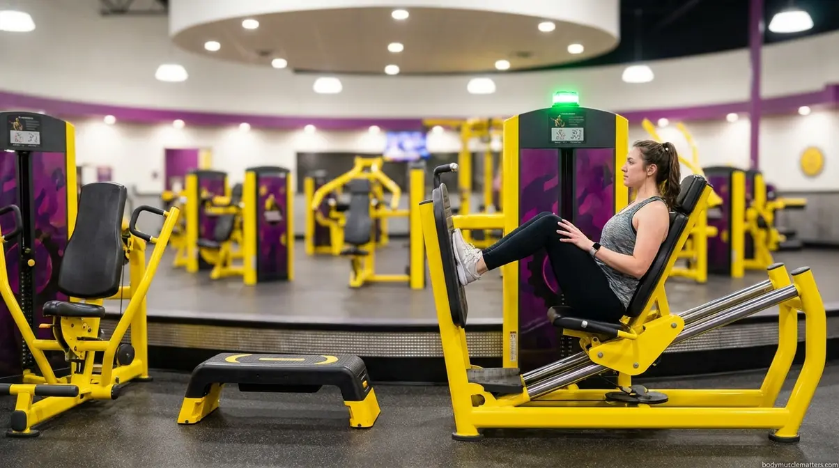 Planet Fitness beginner using 30-Minute Express Circuit station with green light indicator during timed workout