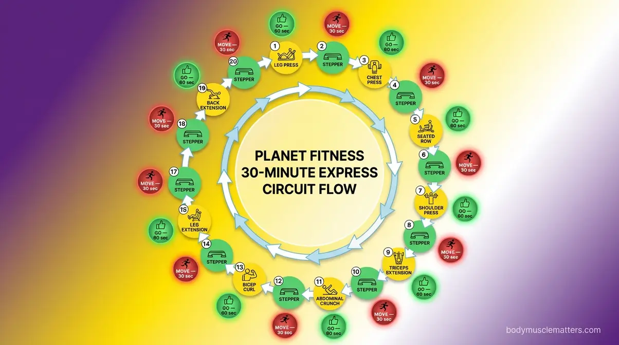 Circular flow diagram showing 20-station Planet Fitness 30-Minute Express Circuit with green and red light cues