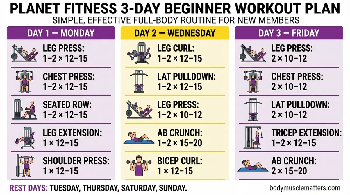 Printable three-column Planet Fitness beginner workout cheat sheet showing Day 1, Day 2, and Day 3 exercises with sets and reps