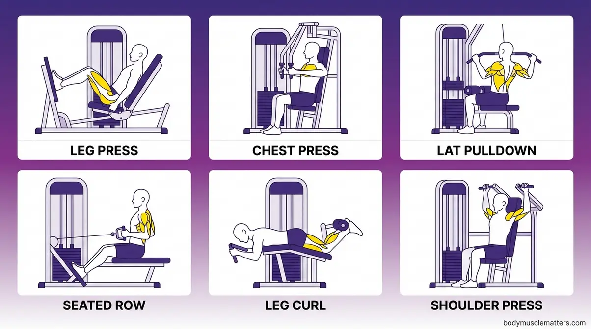 Six-panel infographic showing correct seat setup and body position for Planet Fitness Big 6 beginner machines