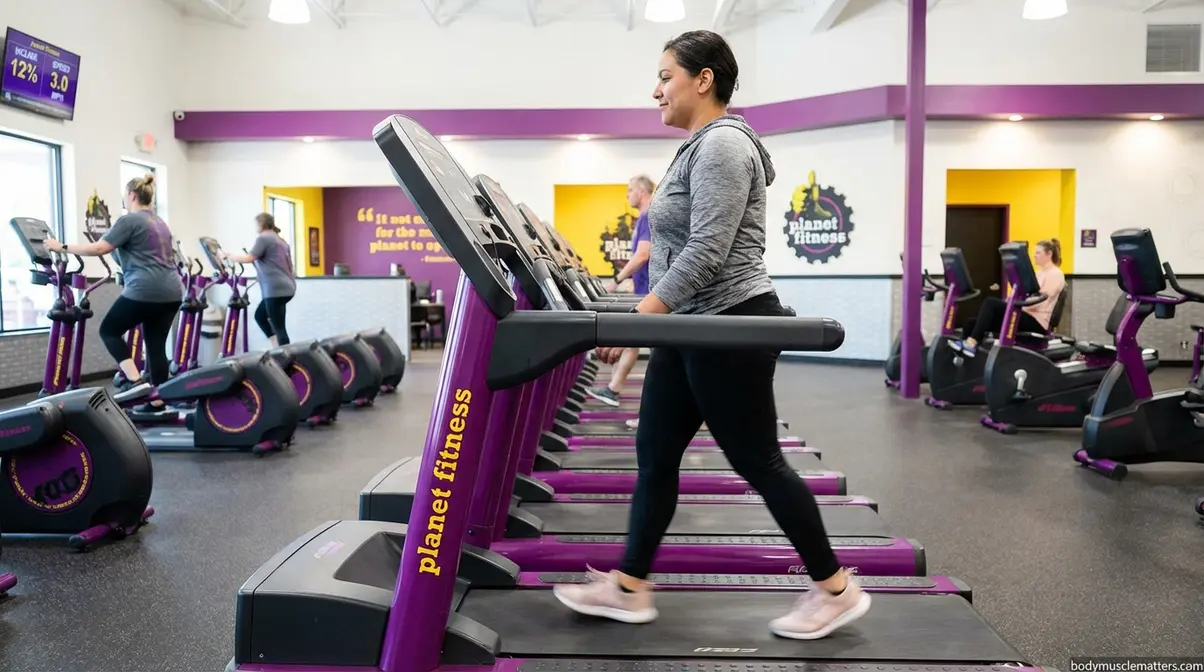Beginner doing the 12-3-30 treadmill incline walking workout at Planet Fitness for fat loss cardio
