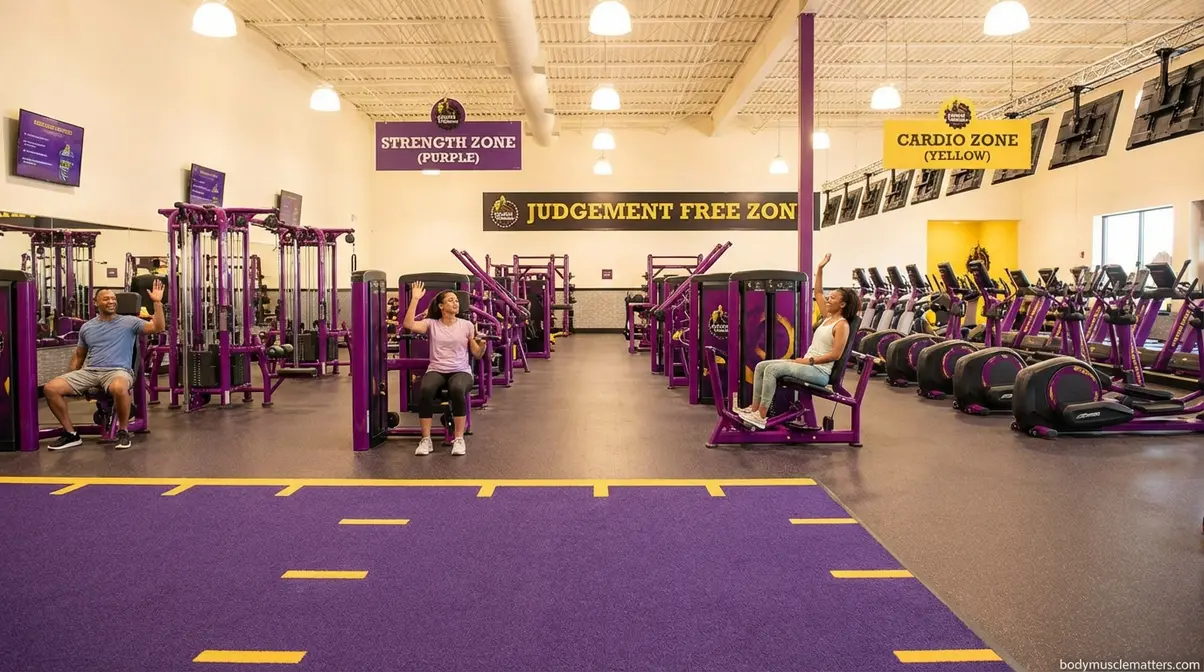 Bright welcoming Planet Fitness gym floor showing open equipment layout and judgment-free zone atmosphere for beginners