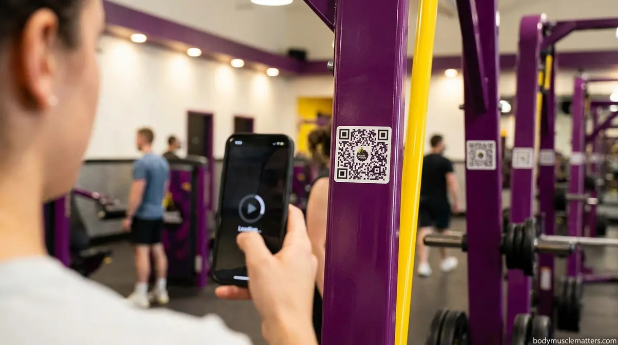 Beginner scanning QR code on Planet Fitness machine frame to access free video tutorial for correct exercise form