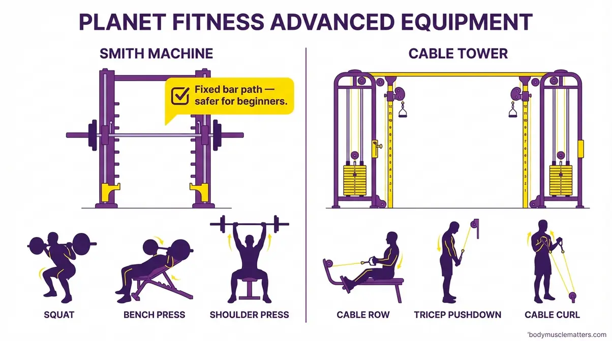 Two-panel infographic showing Smith Machine squat and bench press setup alongside cable tower exercises for Planet Fitness beginners