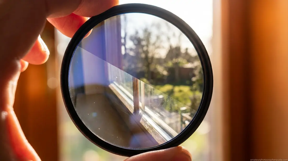 Circular polarising filter held to a window showing glare reduction effect for polarising filter photography