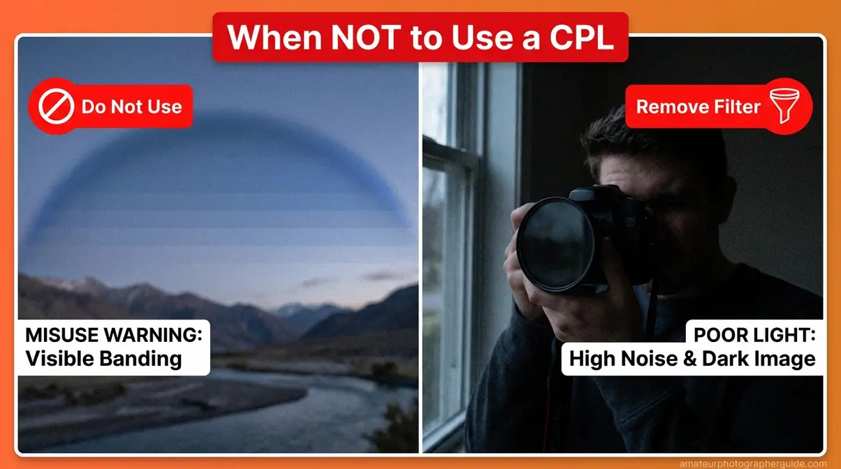 When not to use a polarising filter — wide-angle banding and low-light scenarios shown side by side