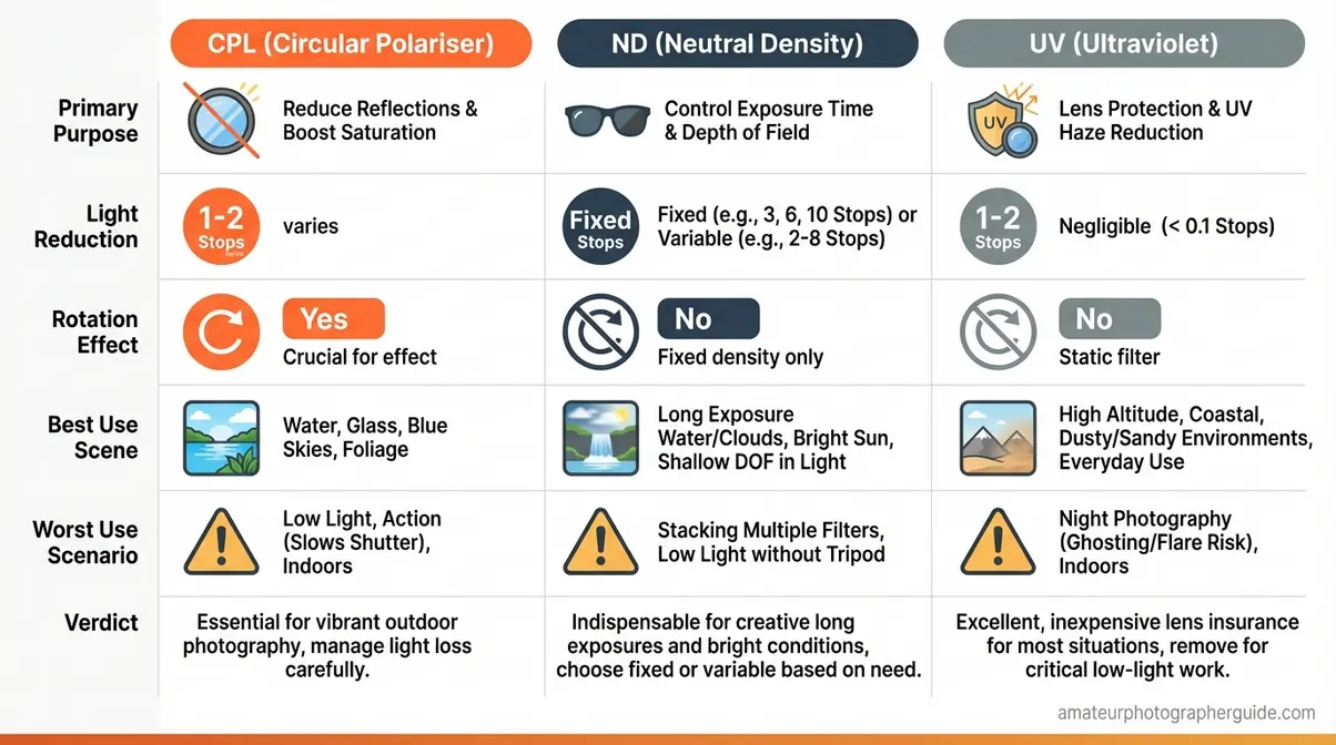 Comparison chart showing differences between CPL polarising filter, ND neutral density filter, and UV filter