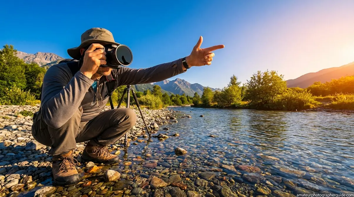 Photographer using CPL polarising filter outdoors at a river demonstrating the 90-degree hand trick technique