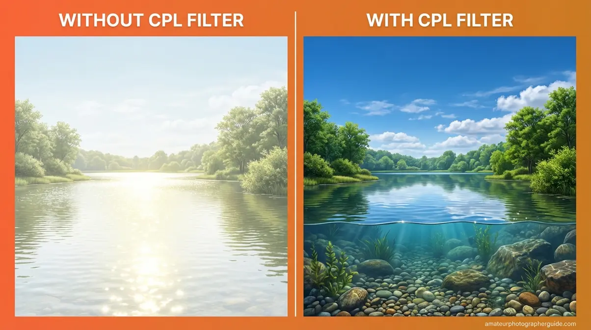 Side-by-side before and after infographic showing polarising filter effect on blue sky and clear water