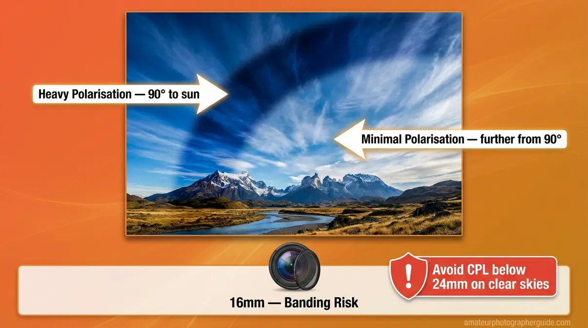 Infographic showing uneven dark sky banding artefact caused by a polarising filter on a wide-angle lens