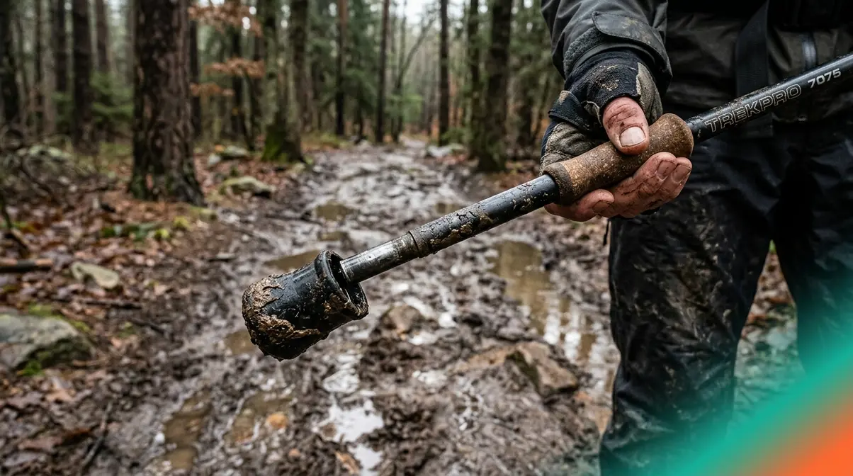 Loose trekking pole rubber tip cap partially detached on muddy trail showing common suction-loss failure outdoors