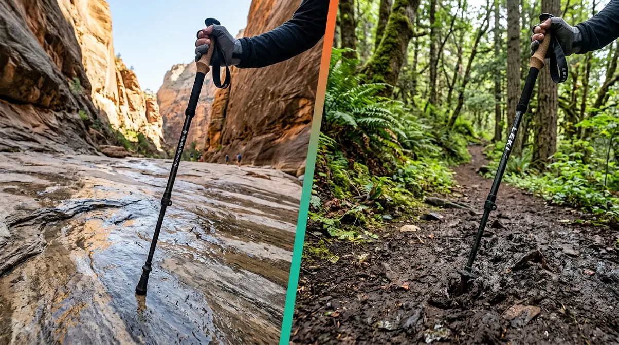 Rubber trekking pole tip on wet slickrock versus carbide tip in muddy soil showing terrain-matched outdoor stability