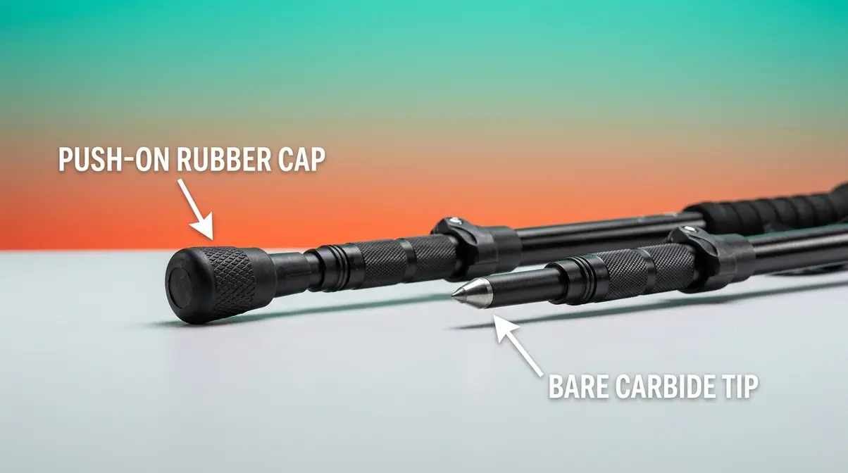 Trekking pole rubber tip cap installed next to bare carbide tip showing two attachment styles for outdoor use