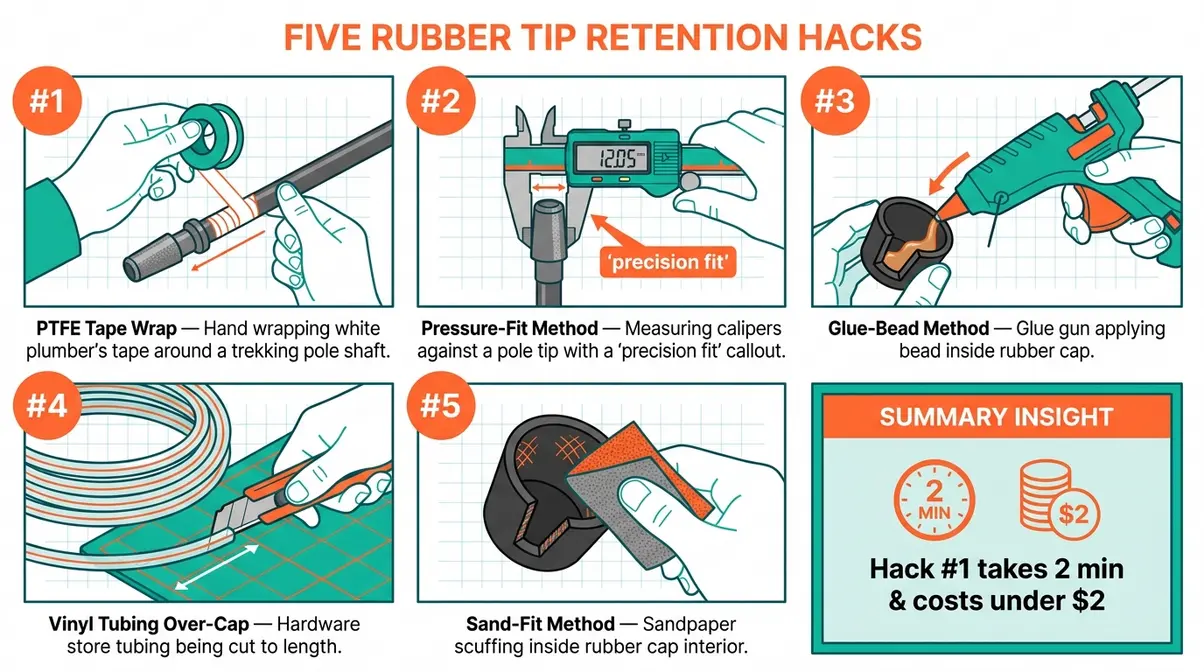 Step-by-step illustrated guide to five methods for keeping trekking pole rubber feet from falling off on trails
