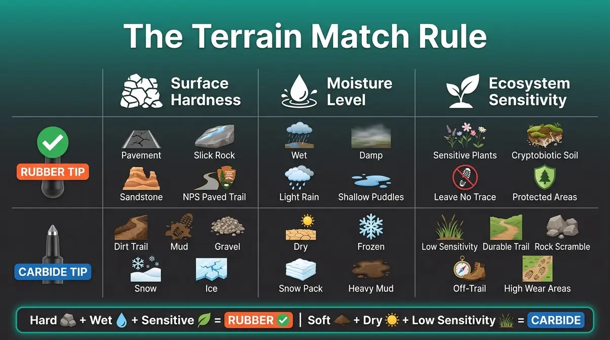 Terrain Match Rule infographic comparing rubber feet versus carbide tip selection by surface hardness, moisture, and ecosystem