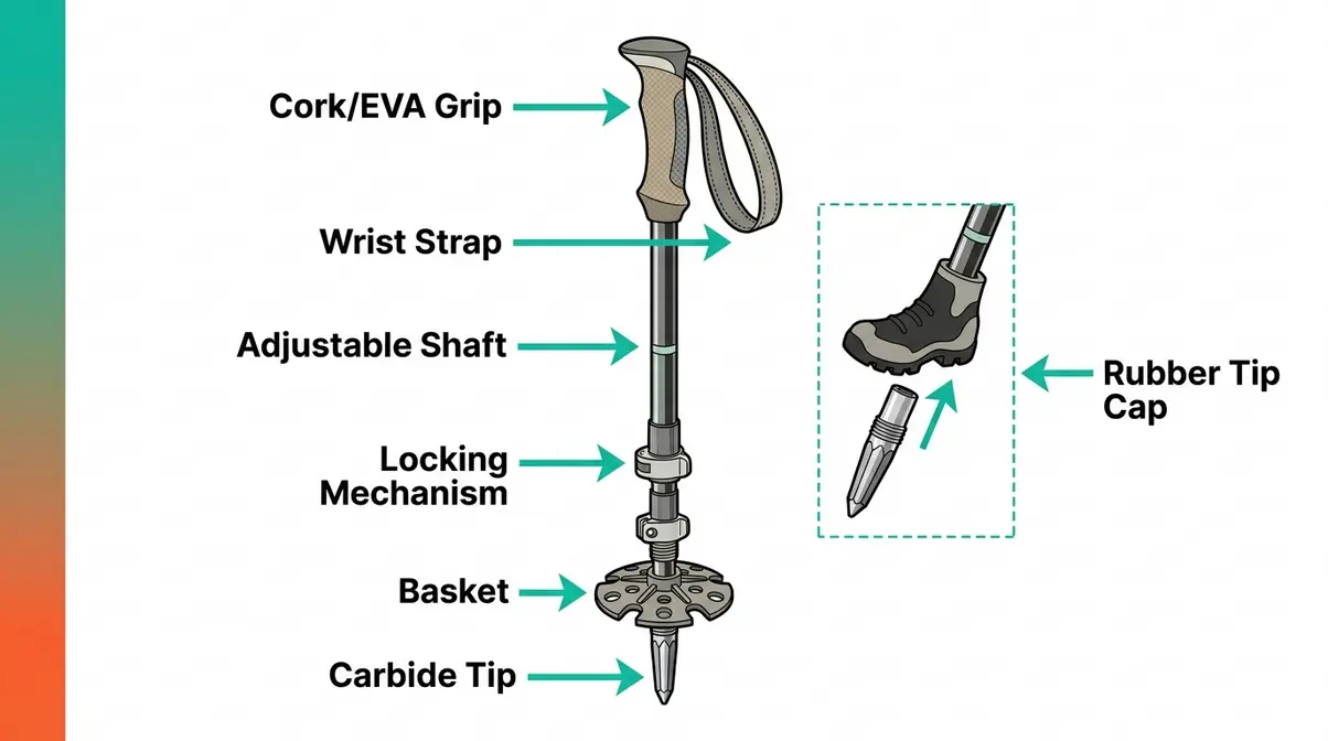 Labeled anatomy diagram of trekking pole showing grip, shaft, carbide tip, and rubber tip cap placement