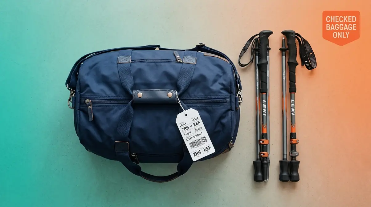 Trekking poles with rubber tip caps packed for checked baggage travel with luggage tag visible