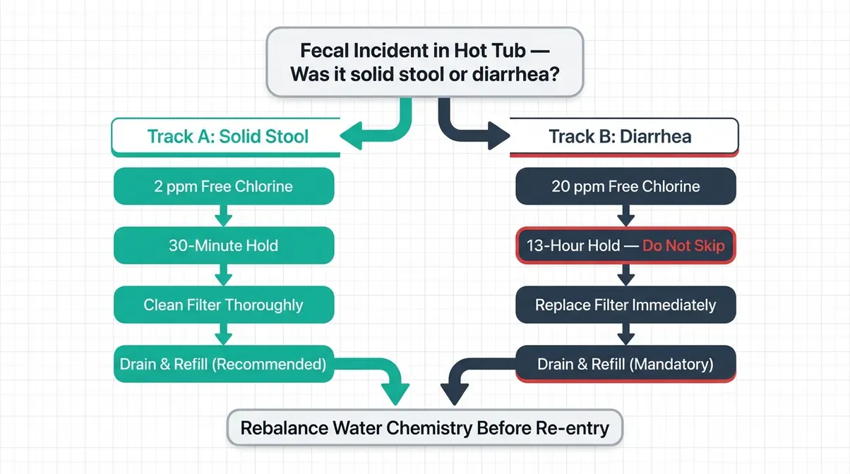 Poop in Hot Tub? How to Clean It Safely (CDC Guide) 3 Fecal incident protocol flowchart showing solid stool vs diarrhea response tracks for hot tub cleaning