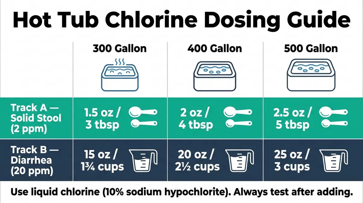 Poop in Hot Tub? How to Clean It Safely (CDC Guide) 6 Hot tub chlorine dosing chart for poop in hot tub cleaning protocol at 2 ppm and 20 ppm targets