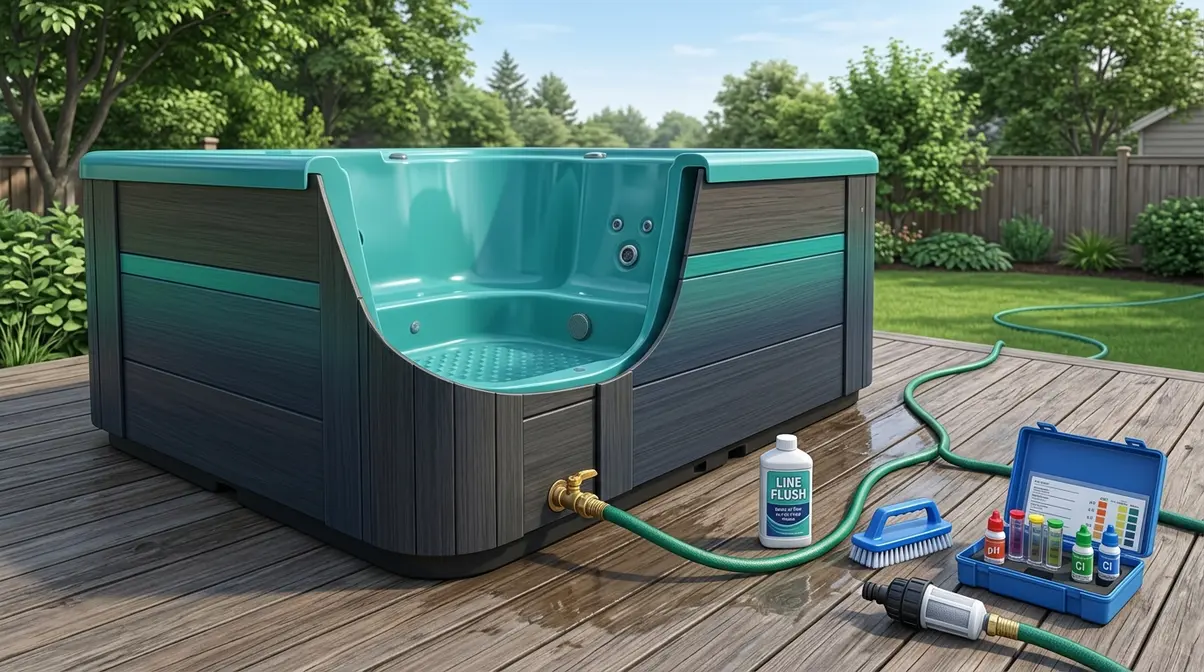 Poop in Hot Tub? How to Clean It Safely (CDC Guide) 8 Hot tub draining through garden hose with line purge and refill supplies arranged on deck