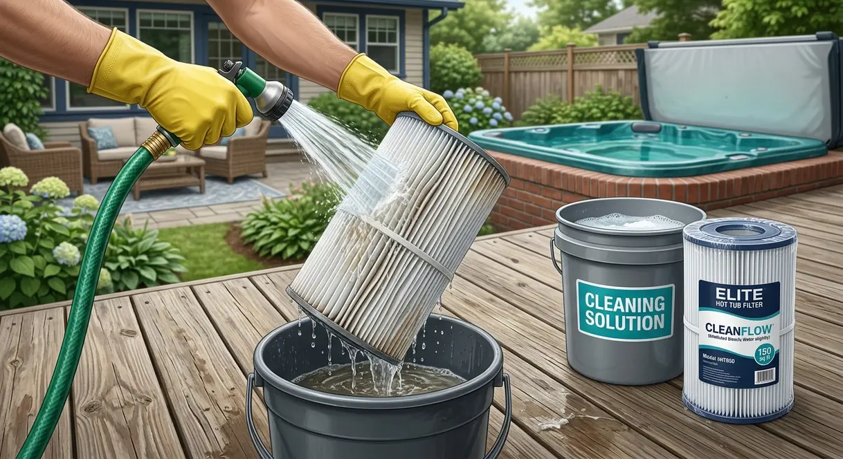 Poop in Hot Tub? How to Clean It Safely (CDC Guide) 7 Hot tub cartridge filter being rinsed with garden hose during post-fecal incident cleaning procedure