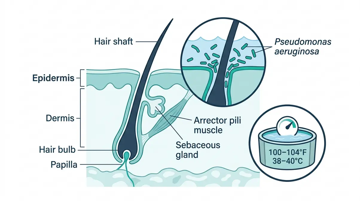 Poop in Hot Tub? How to Clean It Safely (CDC Guide) 10 Medical diagram of hot tub folliculitis caused by Pseudomonas aeruginosa bacteria in contaminated spa water