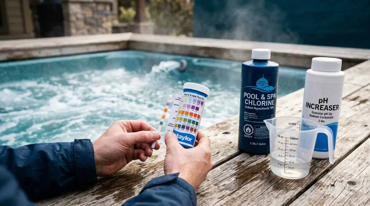 Poop in Hot Tub? How to Clean It Safely (CDC Guide) 5 Hot tub water test kit and liquid chlorine bottle used during hyperchlorination super-chlorinate step
